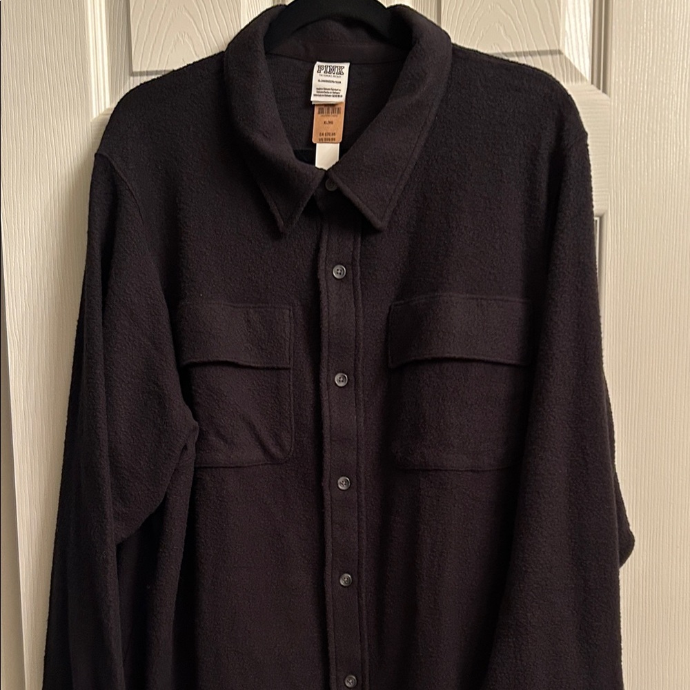 PINK Victoria's Secret Black Reverse Fleece Oversized Shirt Jacket